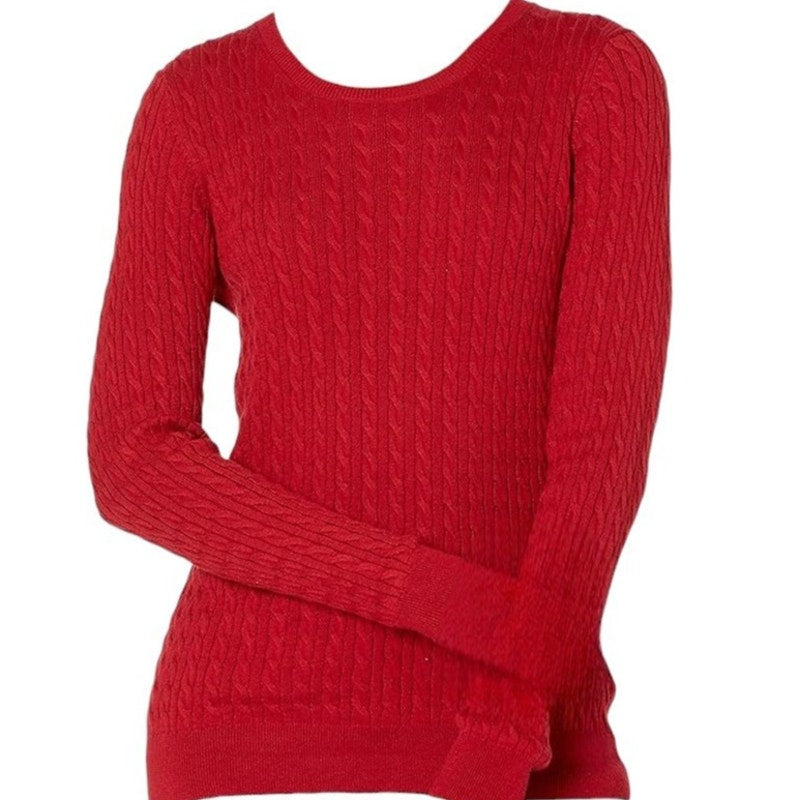 Women's Lightweight Long-Sleeve Cable Crewneck Sweater, Red, Small