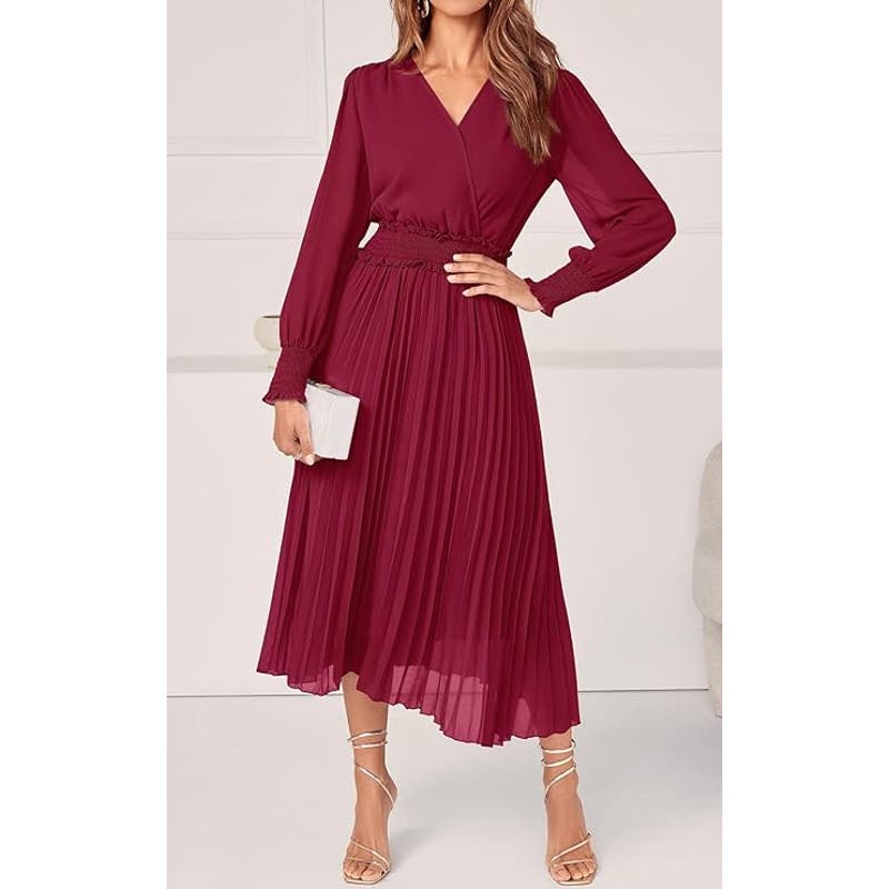 Wrap V Neck Spring Dress 2024 L/S Smocked Flowy Pleated Midi Dress, Wine Red, XL