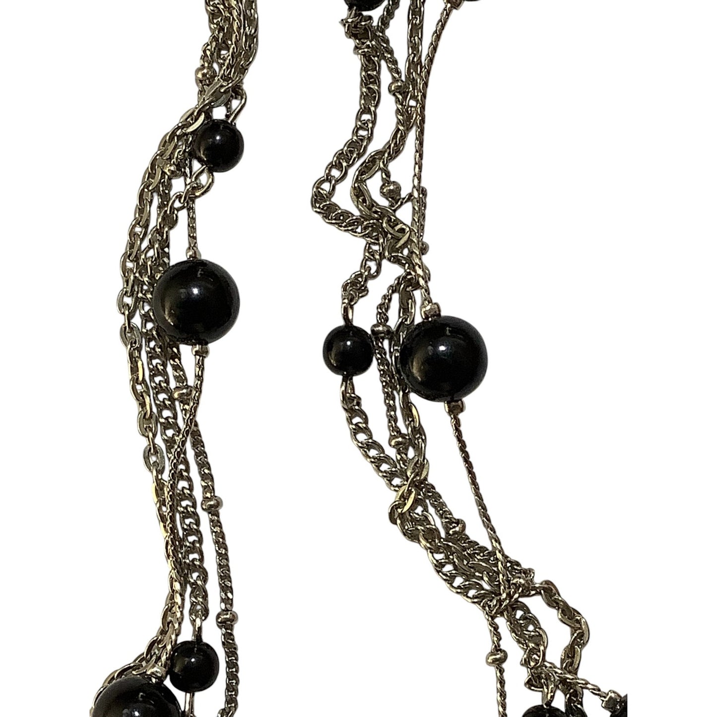 22" Victorian Boho Necklace, Silver Tone, Multi-strand, Black Beads Circa 1970s