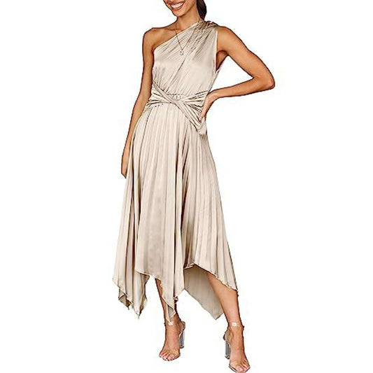 ANRABESS Summer One Shoulder Elegant Midi Dress Sleeveless Pleated, M, Beige