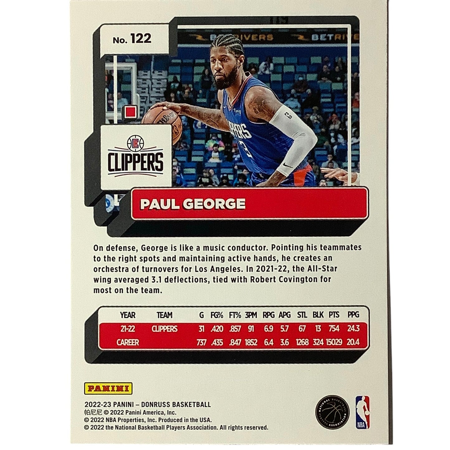 Paul George, Los Angeles Clippers, Card #122, 2022-23 NBA Panini-Donruss