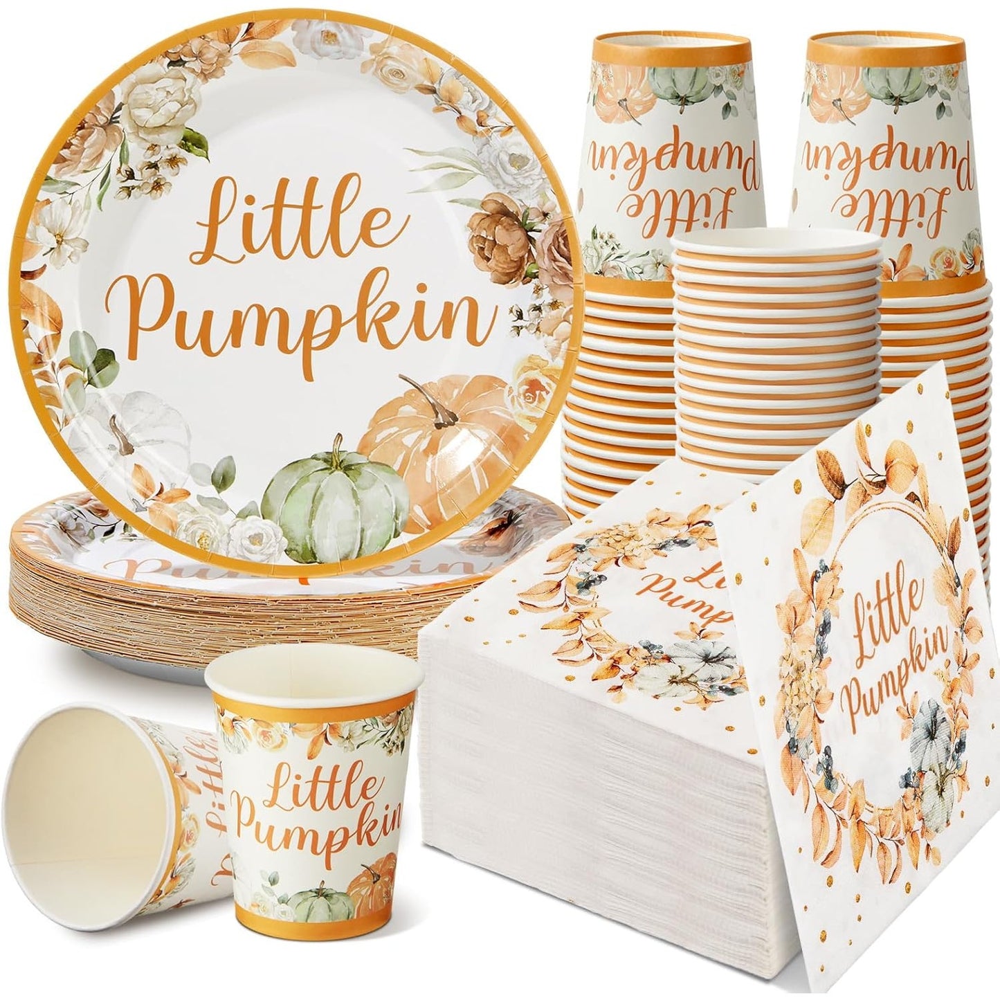 150 Pcs Little Pumpkin Disposable Serving Set, 50 Each- Plates, Napkins, Cups