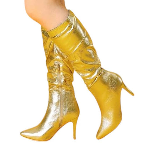 Allegra K Women's Gold Metallic Pointed Toe Slouch Stiletto Heels Knee High, 6.5