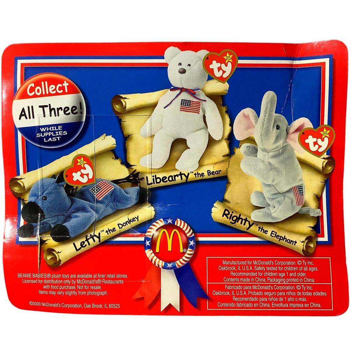 McDonalds Vintage 2000 American Trio, Ty Beanie Babies, Lefty, Righty & Libearty