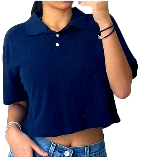 Wild Fable Women's Polo Style Cropped Top, 3-Button Shirt, Navy Blue, Medium