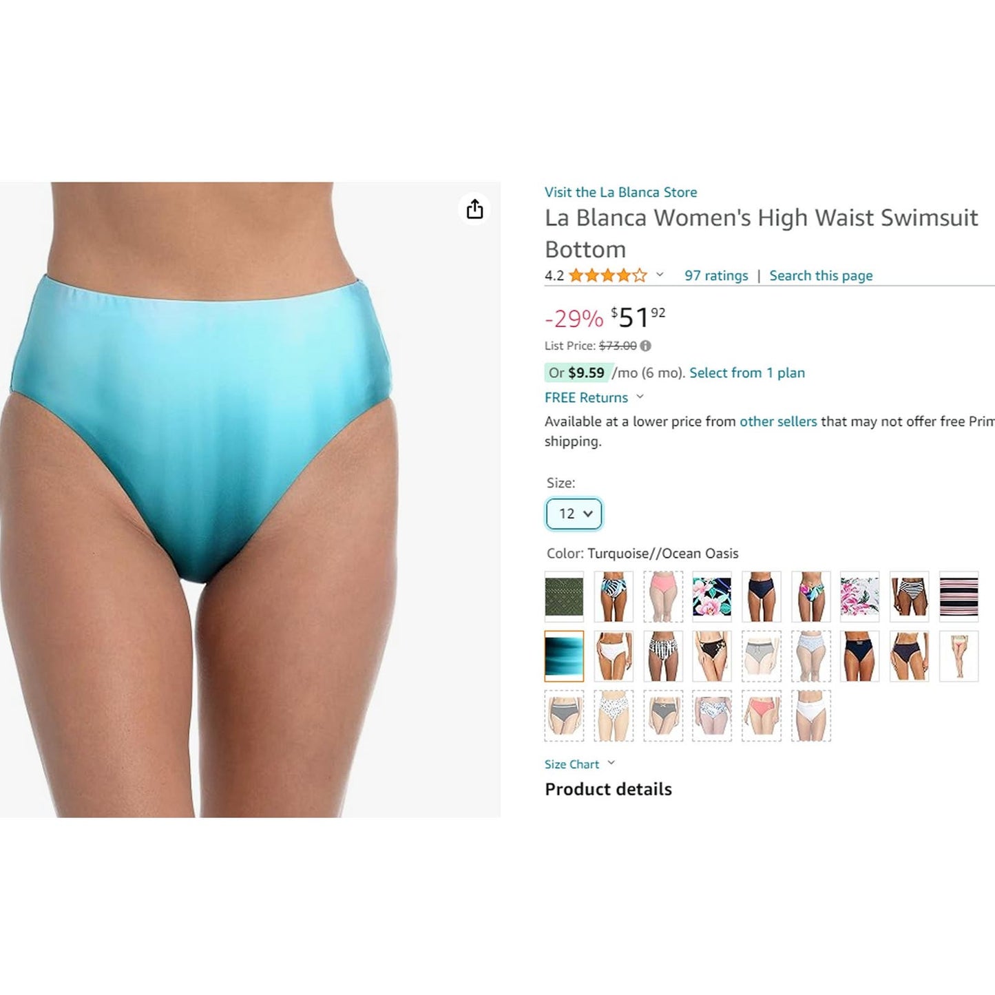 La Blanca High Waist Bikini Swimsuit Bottom, Turquoise/Ocean Oasis, Size 12