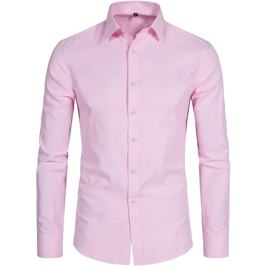 DELCARINO L/S Button Up Shirt Solid Slim Fit, Business Dress Shirt, Pink, XL