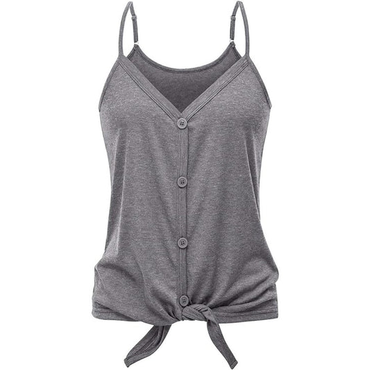 Button Down Tank Tops Casual Summer Sleeveless Tie Front Strappy, SM (4-6) Gray