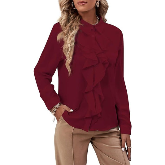 LYANER Collar Neck Button Down Ruffle Front L/S  Blouse Shirt Top, S (4-6)