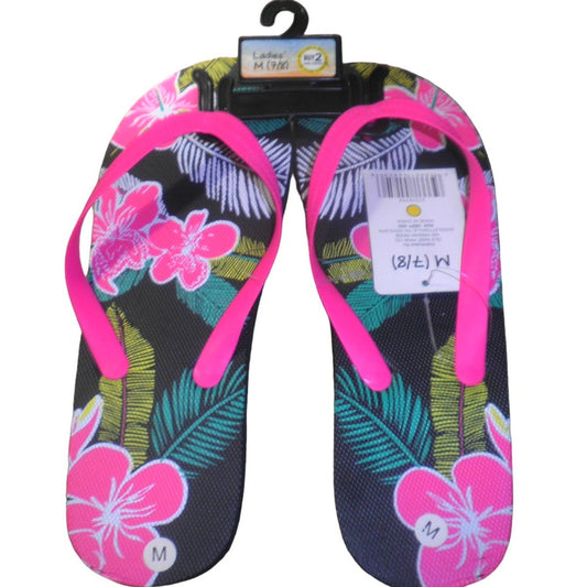 Old East Main Co. Ladies Flip Flops, Black/Pink, Size M (7/8) Beach/Pool Perfect