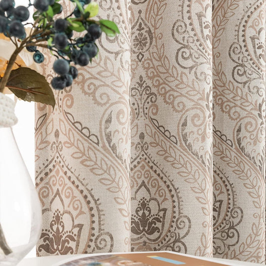 Linen Textured Curtain Panels (2 @ 52"W x 90"L) Taupe on Greige, Damask Pattern