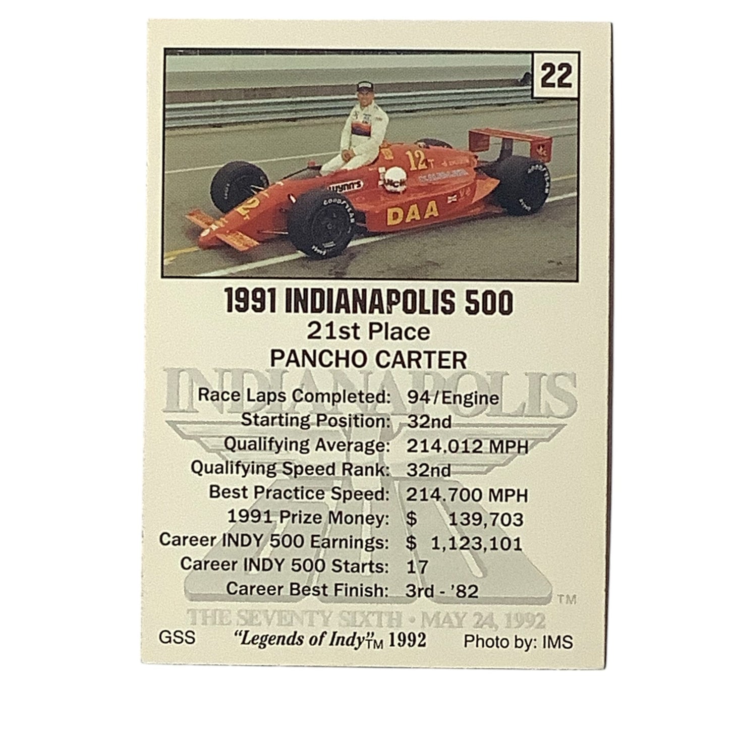 Pancho Carter 21st Place at Indy, 1991 Action, 1992 Legends of Indy Card 22, NM+