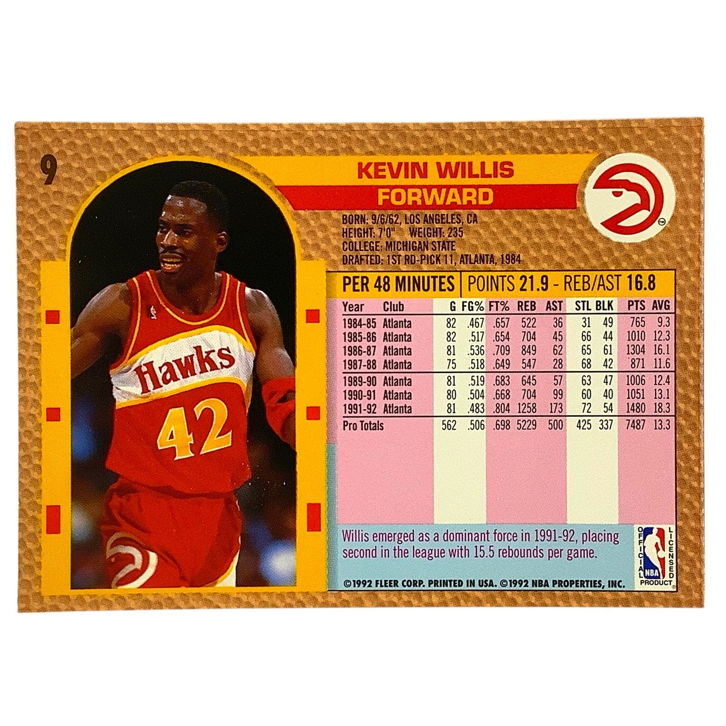 Kevin Willis (F), Card #9, Atlanta Hawks, 1992-93 Fleer NBA