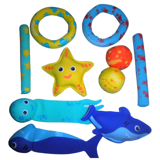 10 Pool Dive & Play Toys, Reef Gang, 2 @ Sticks, Balls, Streamers, Rings & 3D