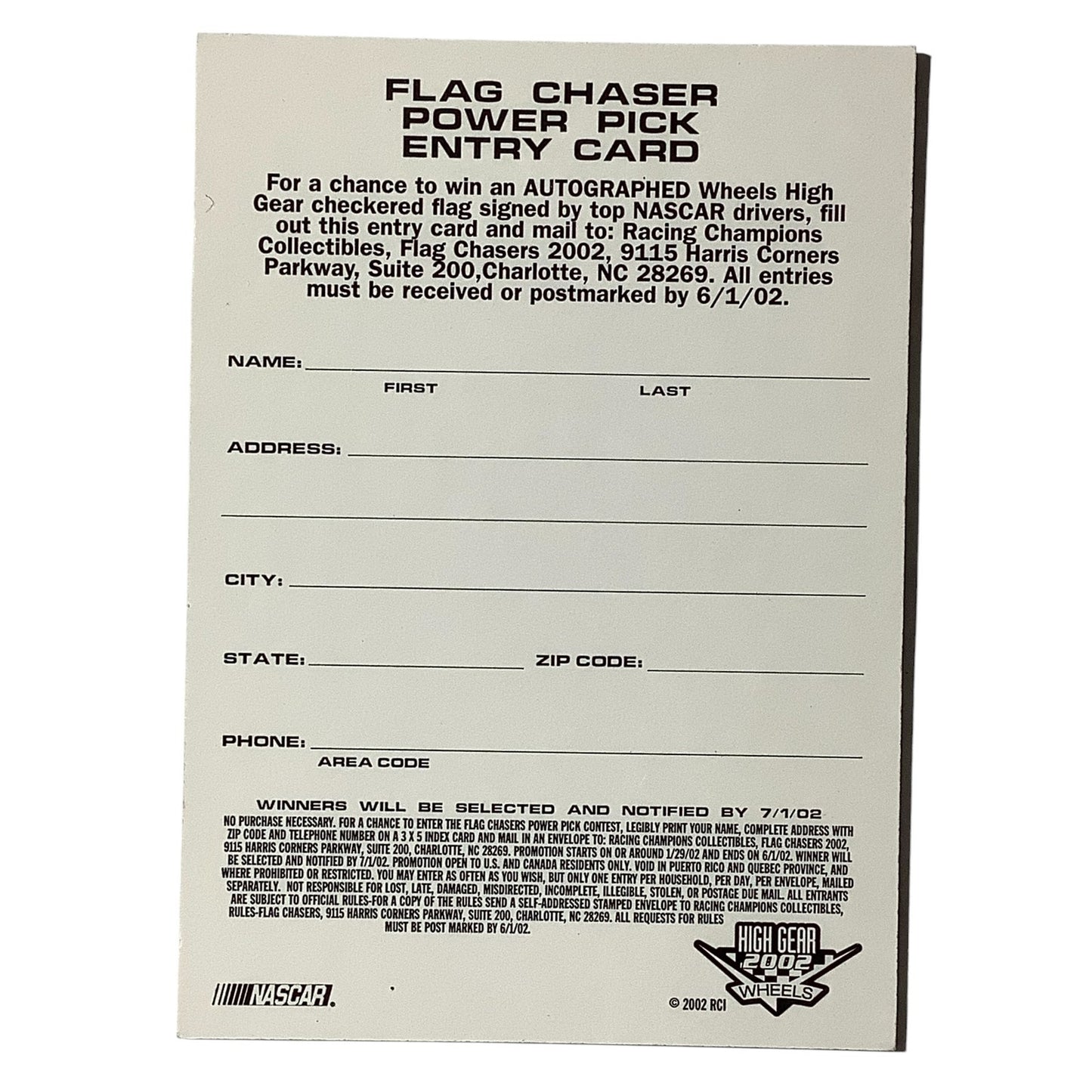 Flag Chaser, High Gear 2002 WHEELS, Power Pick Entry Card from 2002, Blank