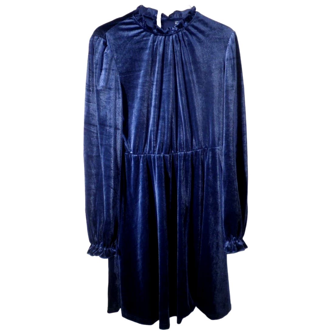 Women's Medium, Blue Velvet Dress Elastic Waistline, Long Sleeved Tunic Dress