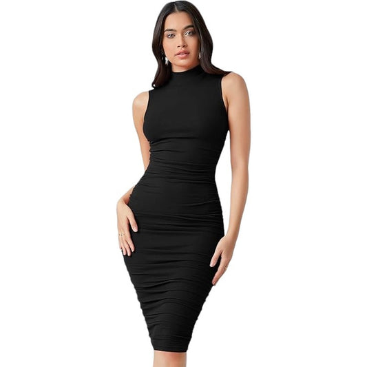 Floerns Solid Sleeveless Mock Neck Knee Length Ruched Bodycon Dress, Black, M