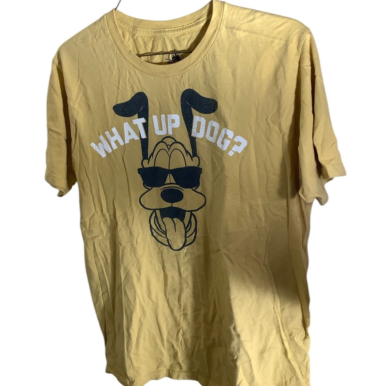 Unisex Disney Pluto Shirt "What Up Dog?", Gold, 100% Cotton, EUC, Med (36 Chest)