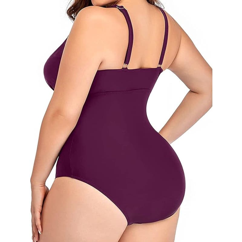 Daci Maroon Plus Size One Piece Swimsuits Sexy V Neck Backless Bathing Suit 24W