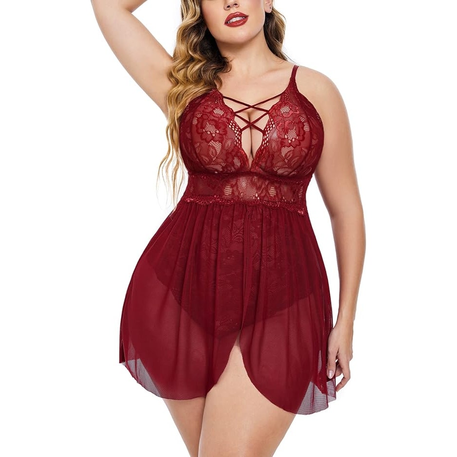 Avidlove Snap Crotch Lingerie V Neck Lace Nighty Sleepwear Burgundy, L (14W)