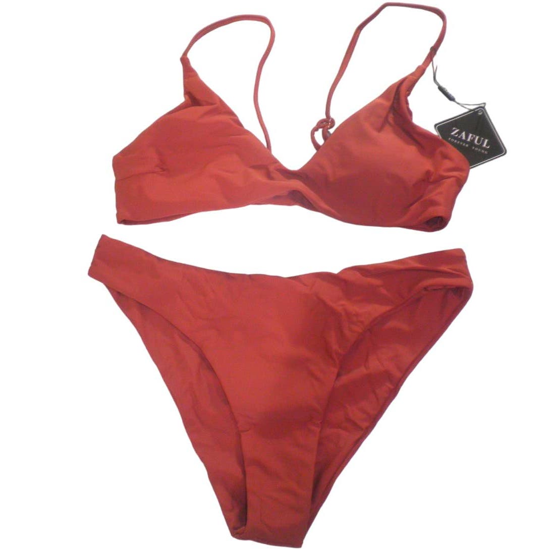 Solid Spaghetti Strap Bralette Bikini Set Two Piece Swimsuit, Light Red, M