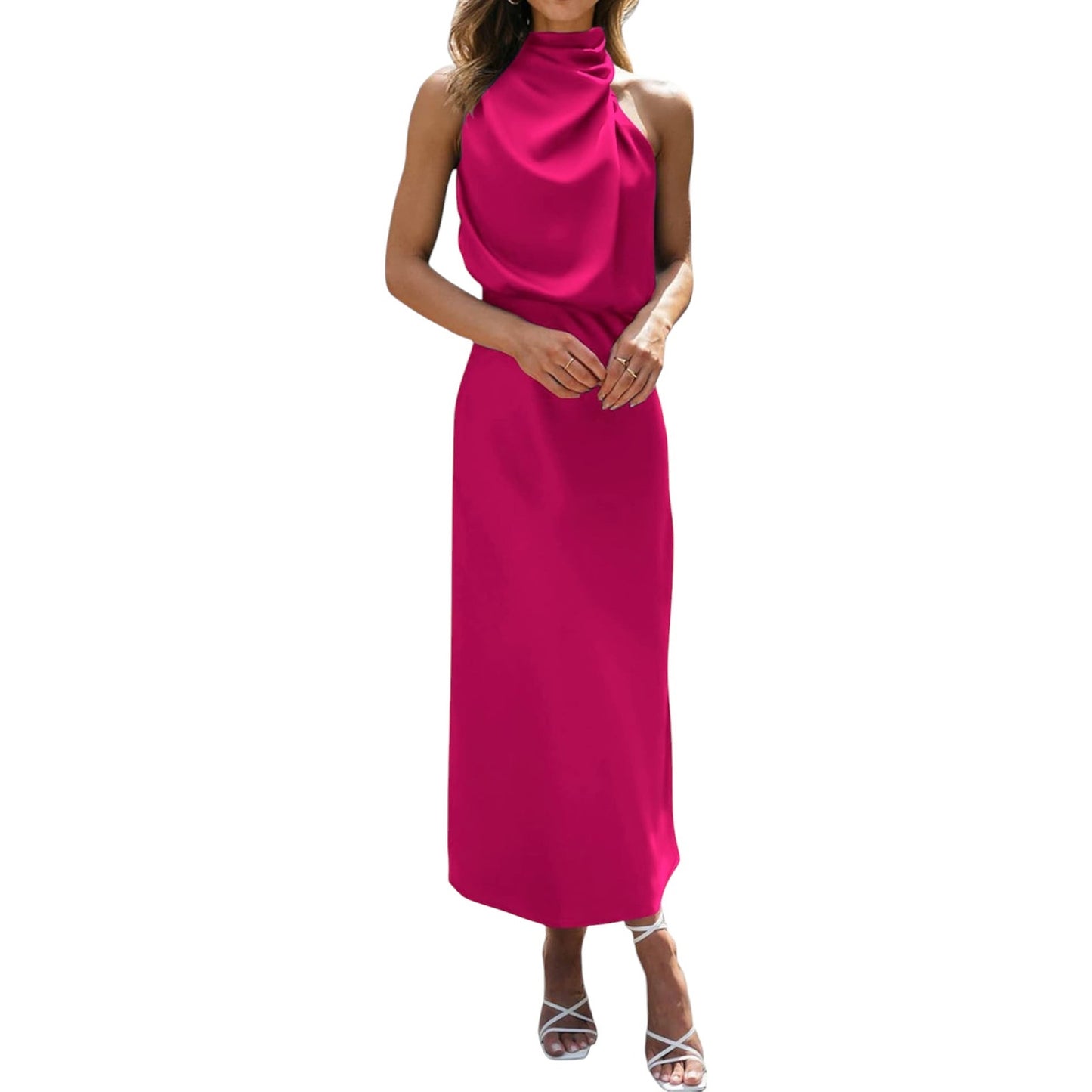 BTFBM Womens Sleeveless Dress, Mock Neck, Keyhole Elastic, High Waist Maxi Dress