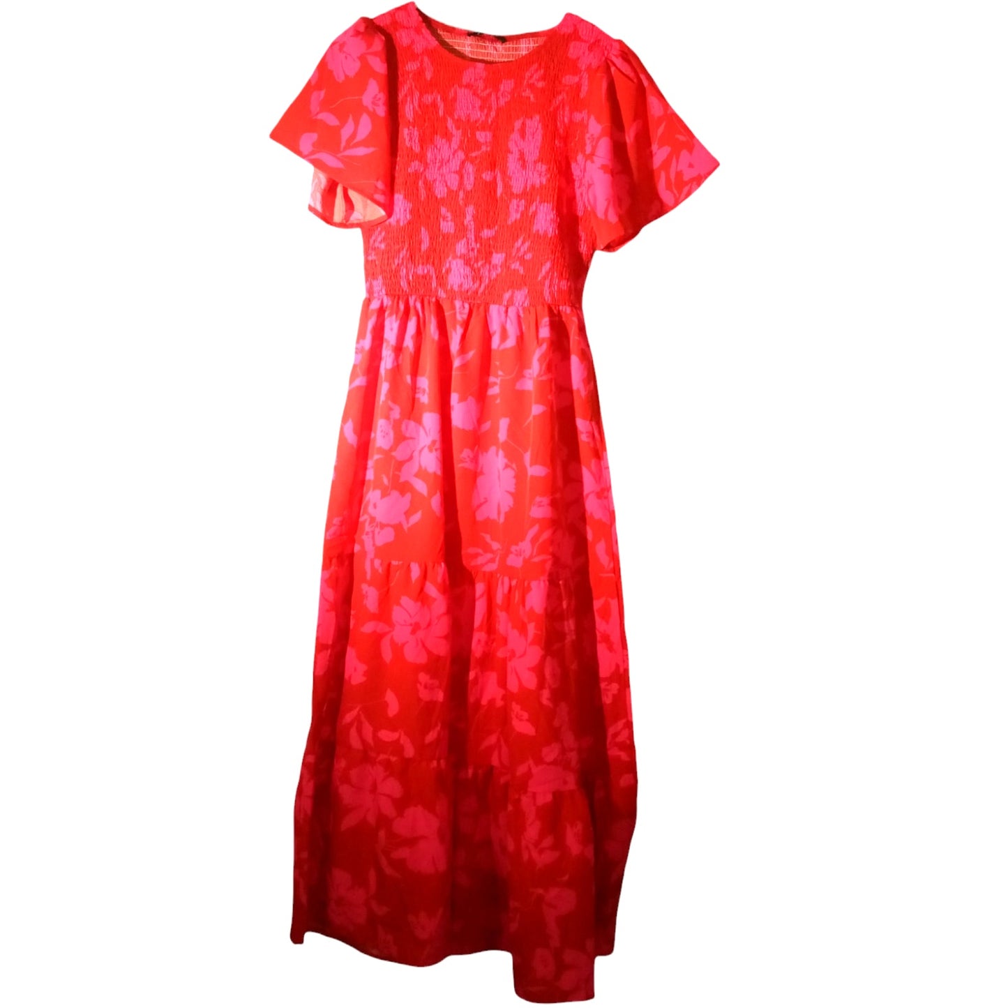 Casual Flutter S/S Boho Floral Maxi Dress Crew Neck Smocked Tiered Long Dress, S