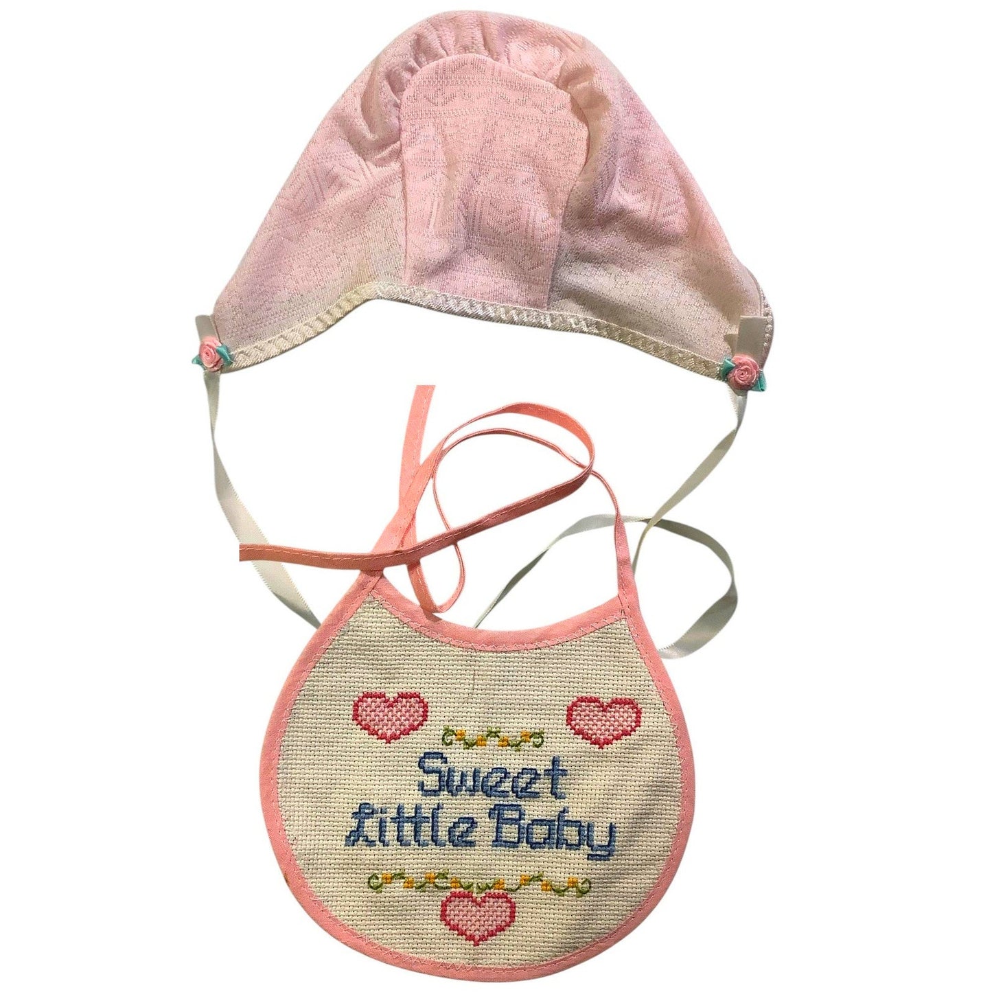 Vintage Sweet Little Baby Cross Stitch Bib & 0-3 Month Baby Girl Bonnet