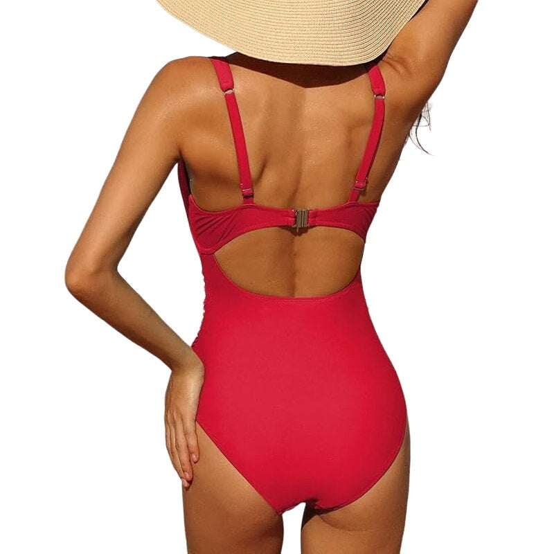 Charmo One Piece Ruched Tummy Control High Cut Backless V Neck Swimwear, Red, M