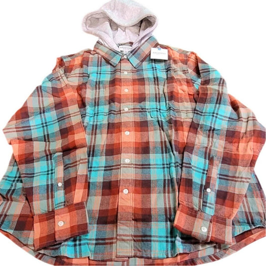 Arizona Mens Hooded Regular Fit Long Sleeve Flannel Shirt, Teal Plaid, XL