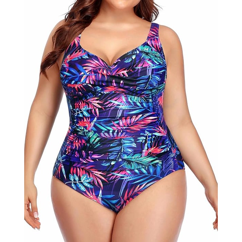 Yonique 22W One Piece Tummy Control Twist Front Ruched Purple Blue Flower 22W