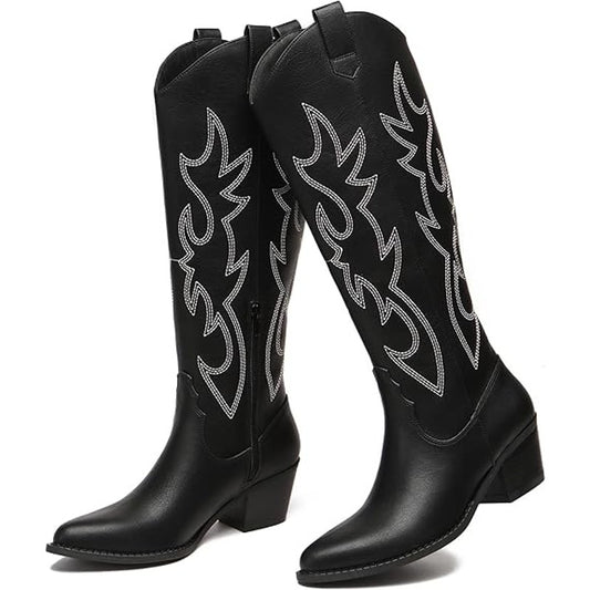 Athlefit Western Embroidered Cowboy Chunky Heel Knee High Pointed Toe Boots, 7.5