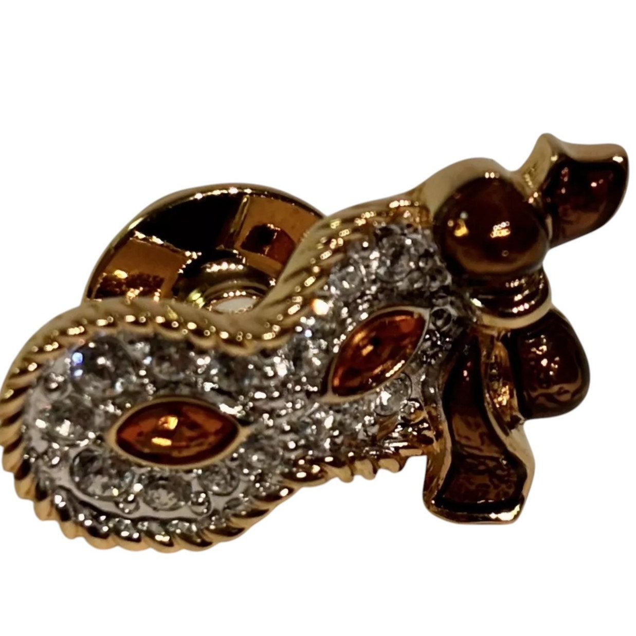 Swarovski Crystal Amber Stone Venetian Masquerade Mask Gold Brooch, Lapel Pin