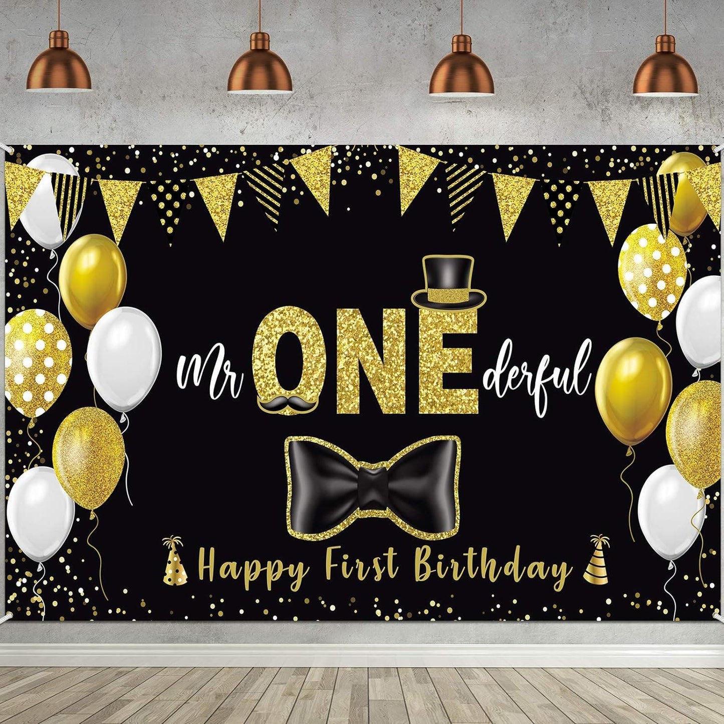 Black/Gold Mr ONEderful Happy First Birthday Banner 72.8"W x 43.3"H