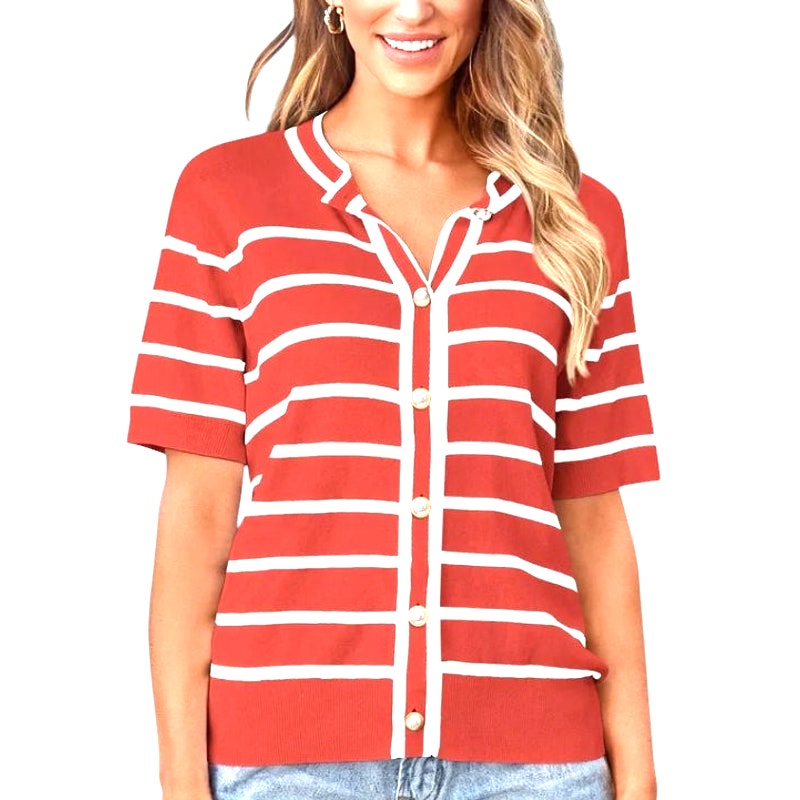 Prettygarden S/S Knit Ribbed Button Down Sweater Top, Rust Red, XL (16-18)