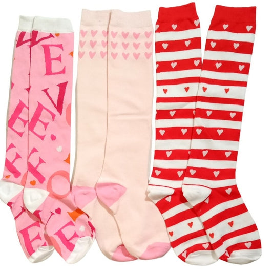 3 Pairs Jeyiour Heart/Love/Sweatheart Knee-High Socks, One Size (Shoe Size 5-9)