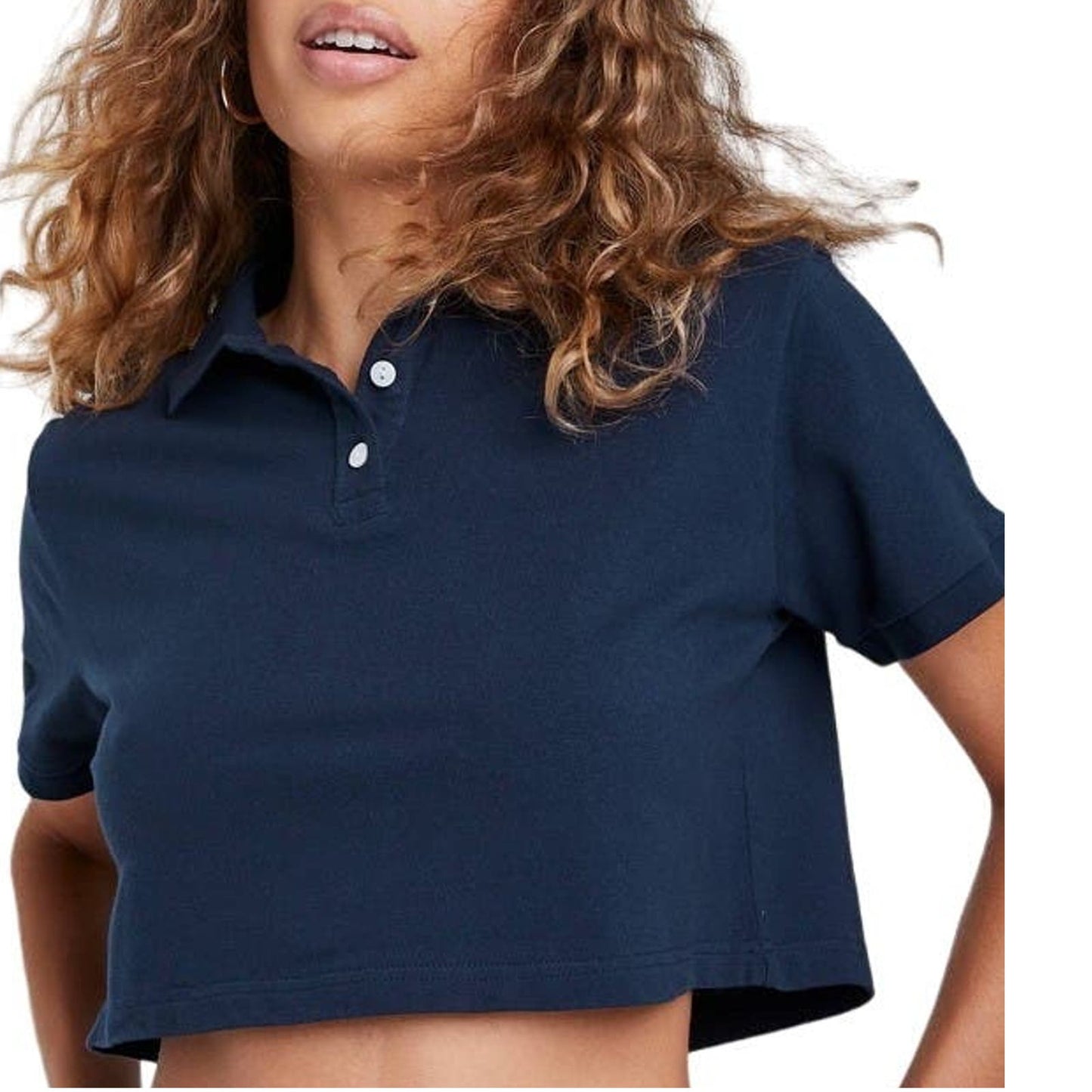 Wild Fable Women's Polo Style Cropped Top, 3-Button Shirt, Navy Blue, Large