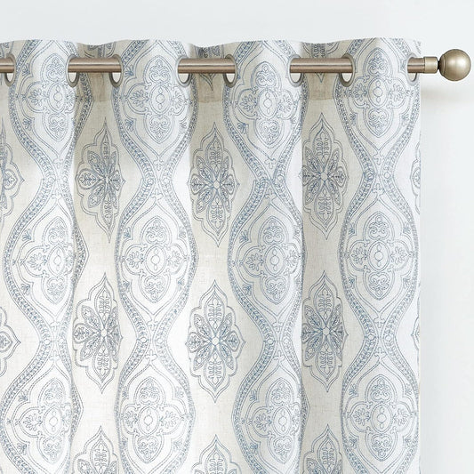 Farmhouse Linen Curtain Panels (2), Each 50"W x 96"L, Damask Blue w/ Grommets