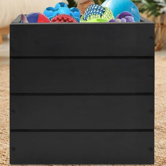 Wooden Crate with Handles, Wooden Storage Box Bin, 11" x 11" x 11", Black