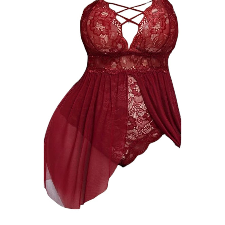 Avidlove Snap Crotch Lingerie V Neck Lace Nighty Sleepwear Burgundy, L (14W)