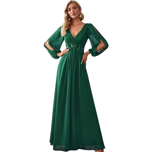 Ever-Pretty XL (10) V-Neck L/S Floor Length Ruched Grn Chiffon Formal Maxi Dress
