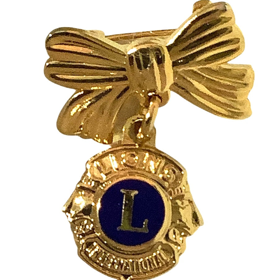 Lions Club International Ladies Gold Tone Bow w/ Hanging Lions Logo Emblem