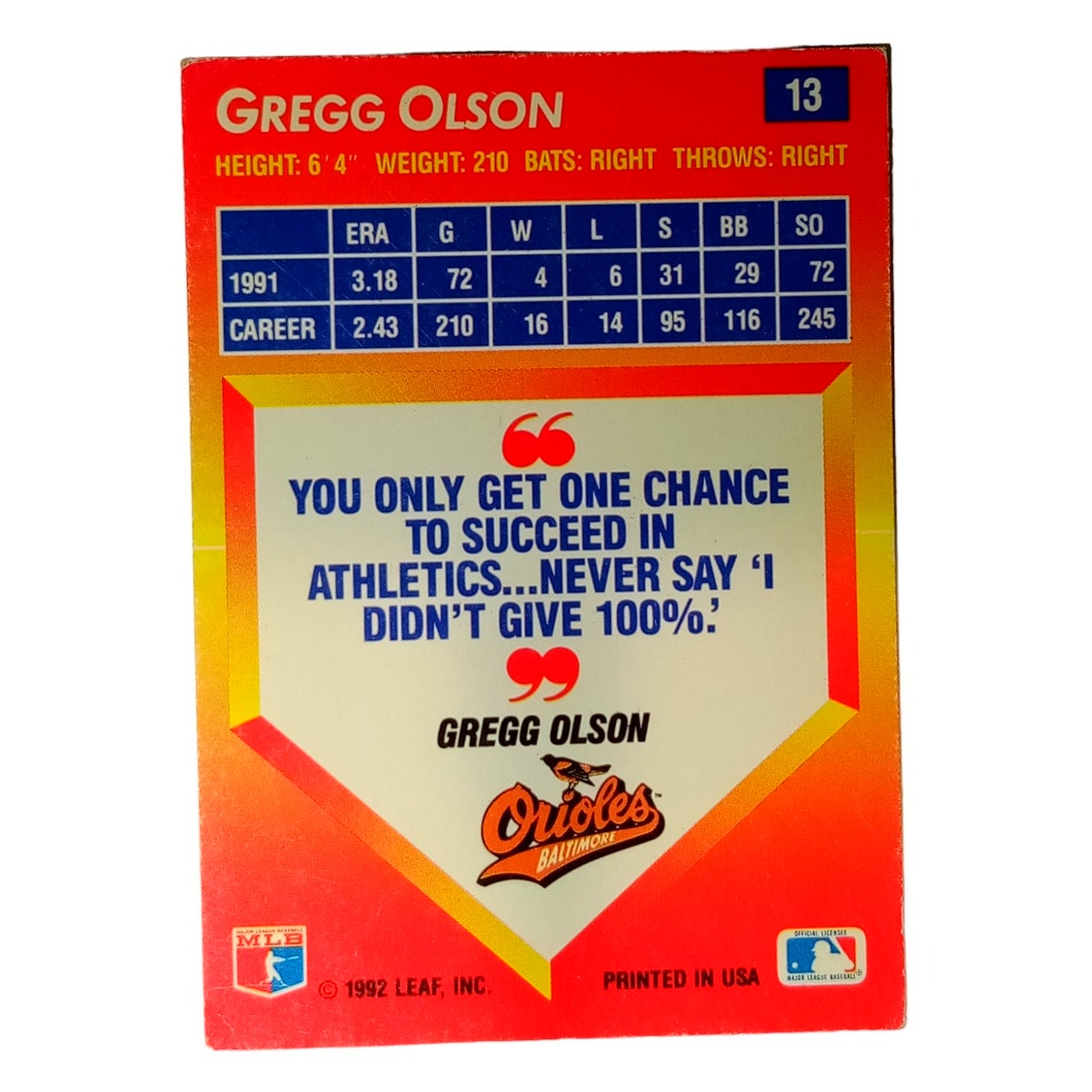 MLB 1992 Leaf Donruss Triple Play #13, Gregg Olson, Baltimore Orioles,  EXC Cond