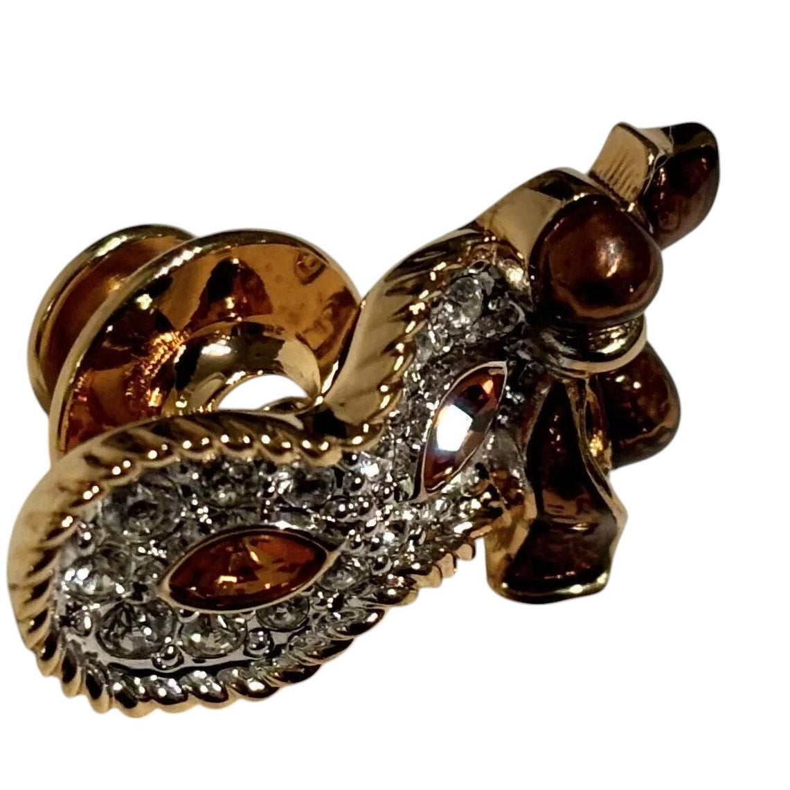 Swarovski Crystal Amber Stone Venetian Masquerade Mask Gold Brooch, Lapel Pin