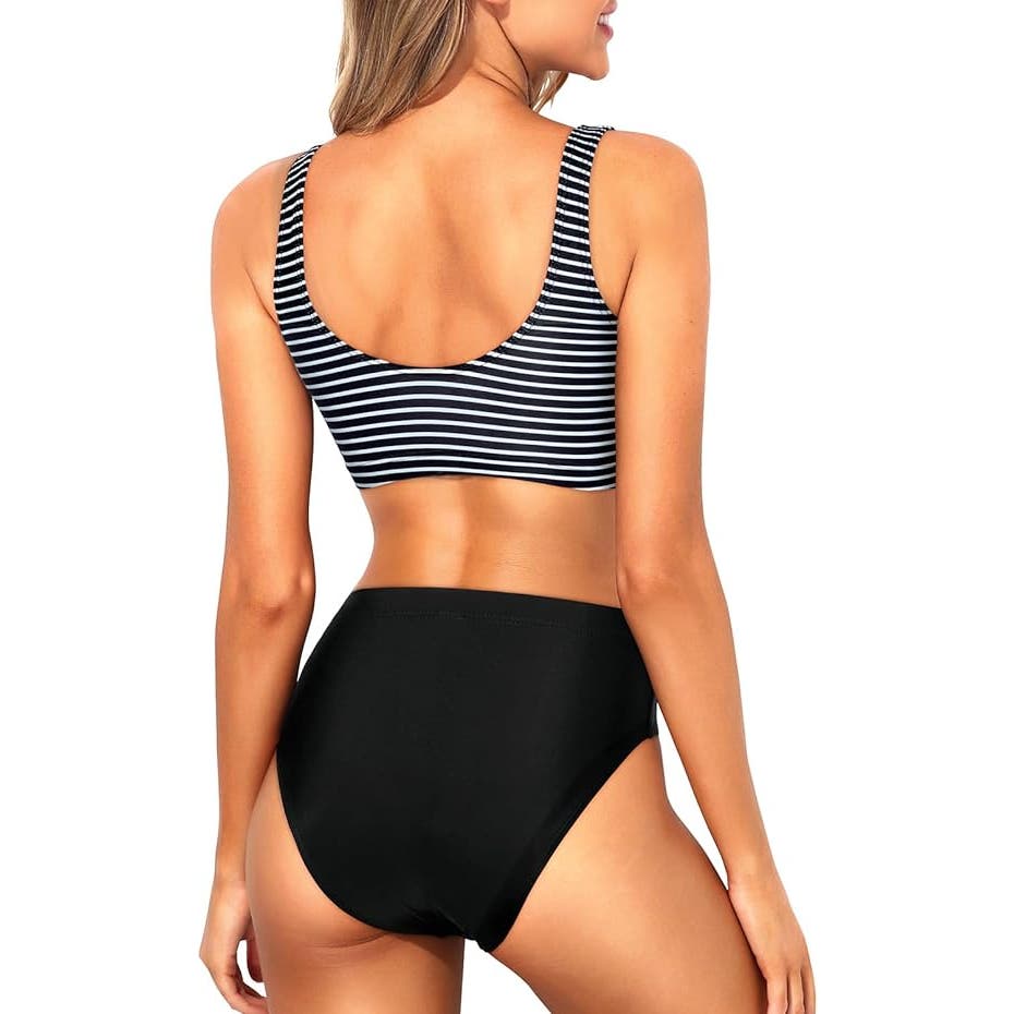 2-Piece Scoop Neck Bikini Crop Top Swimsuit Sporty High Waisted Bathing Suit, SM