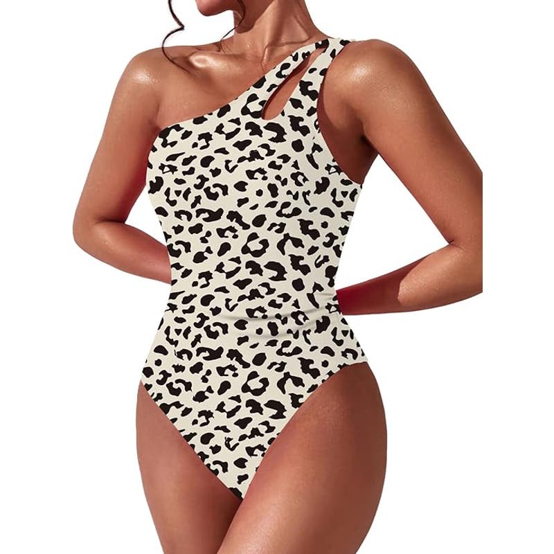 One Shoulder One Piece Ruched Swimsuit Tummy Control Full Coverage, Leopard, LRG