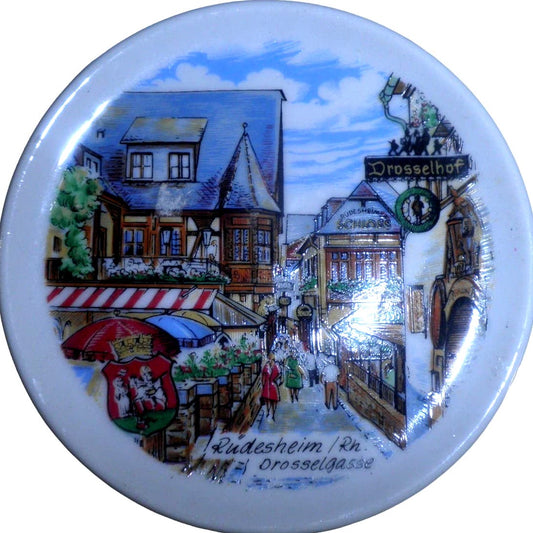 Porcelain Collectors Coaster, 3-7/8"D, Germany, Rudesheim, Drosselgasse