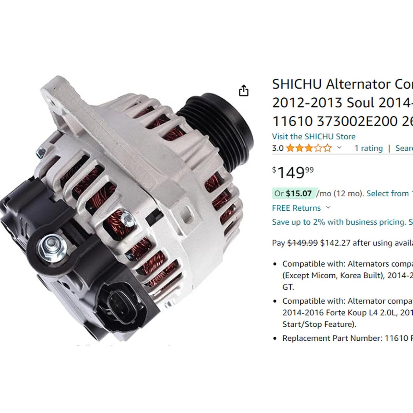SHICHU Alternator Compatible with 2011-2017 Elantra 2012-2013 Soul 2014-2016 Forte 1.8L 2.0L L4 Replace for 11610 373002E200 2610428