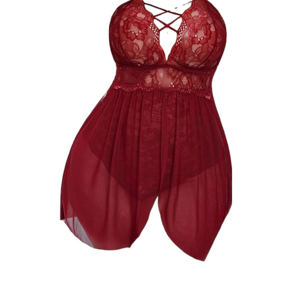 Avidlove Snap Crotch Lingerie V Neck Lace Nighty Sleepwear Burgundy, L (14W)