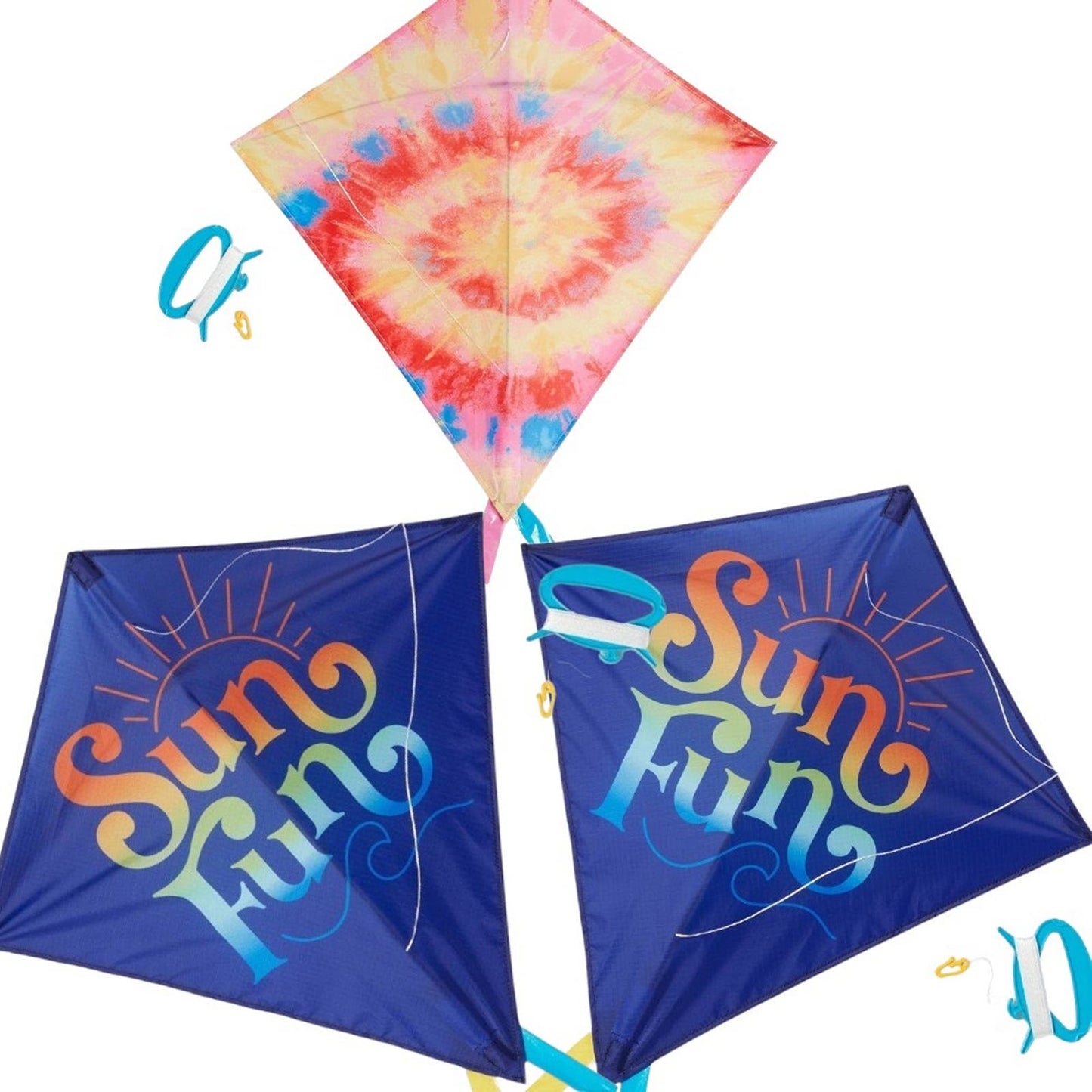 3 x Sun Squad Kites: Sun Fun Kites (2) and Tie Dye Kite (1), NIP